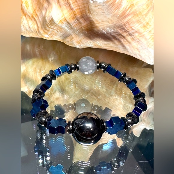 HEMATITE + QUARTZ NATURAL STONES  BRACELET size 7” - Picture 4 of 16